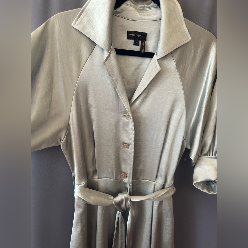 Donna Karan Satin Midi,belted Shirt Dress, Sz 10,New , Weathered Sage - Picture 7 of 11
